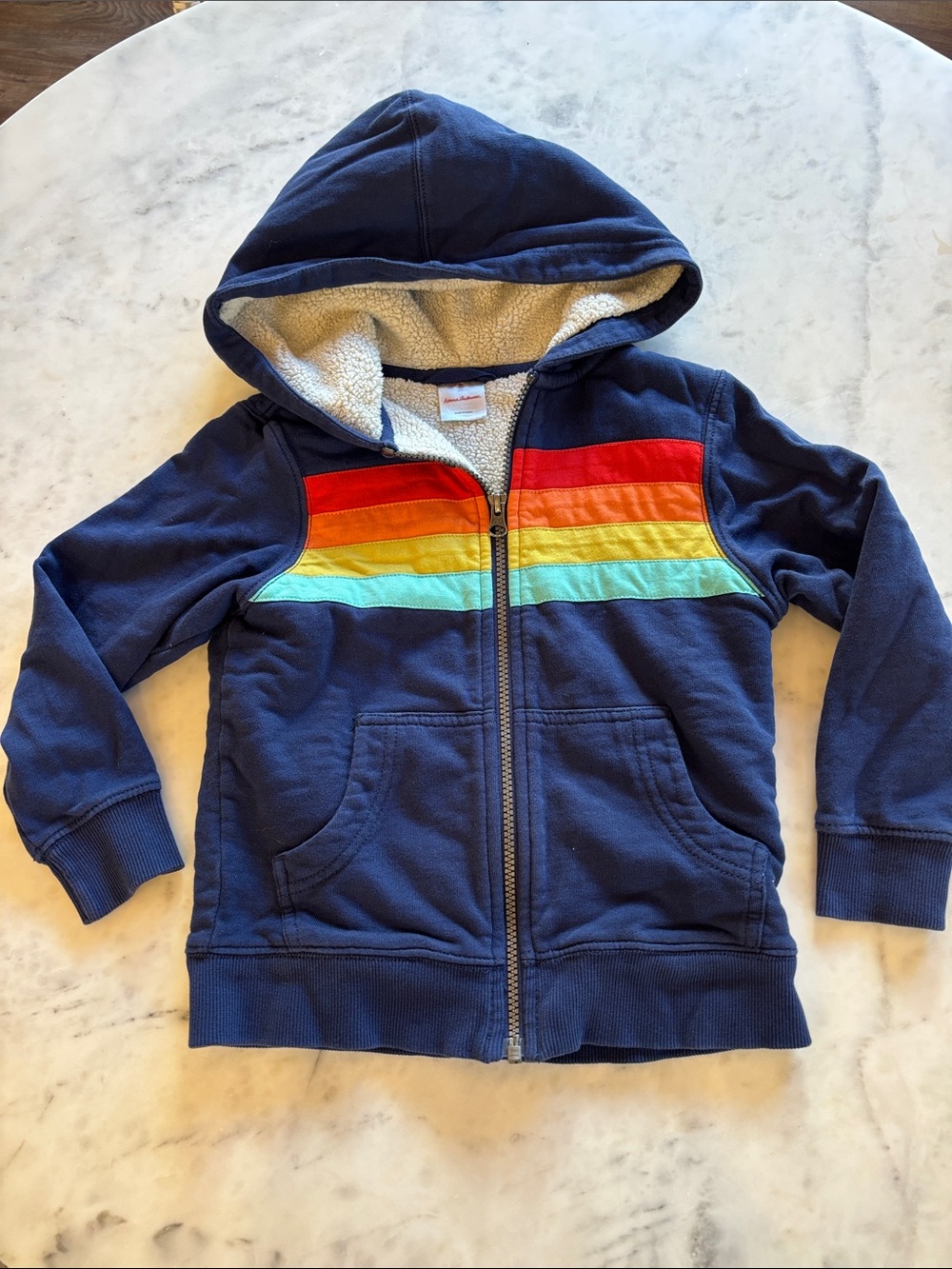 Hanna Andersson 5T Navy Zip Hoodie with Rainbow Chest Stripes